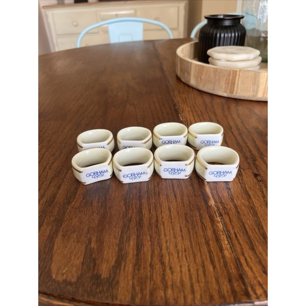 Set Of 8 Gorham Vintage Ivory Porcelain Napkin Rings with Gold Trim EUC
